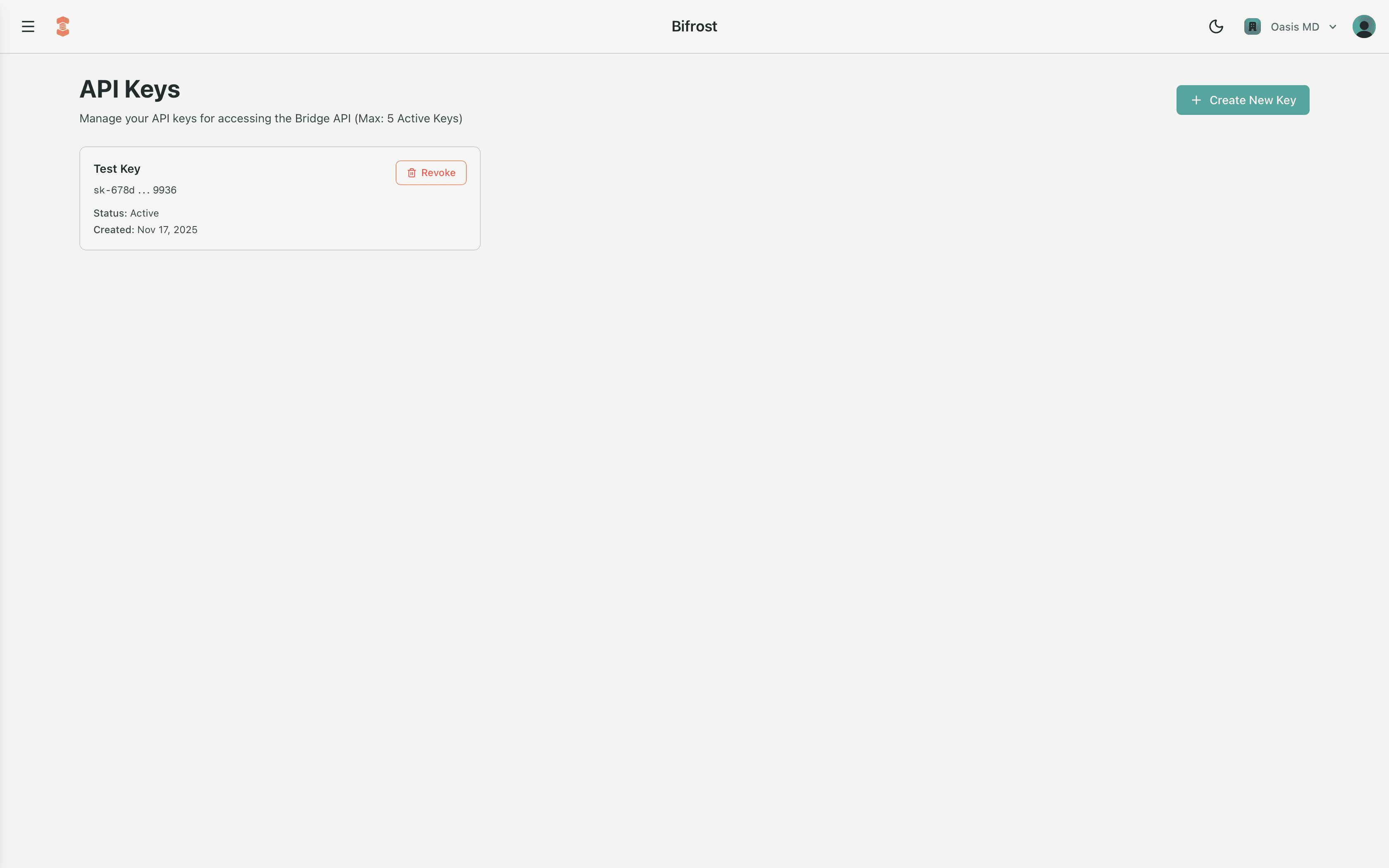 Bifrost API Keys management interface showing the grid of existing keys