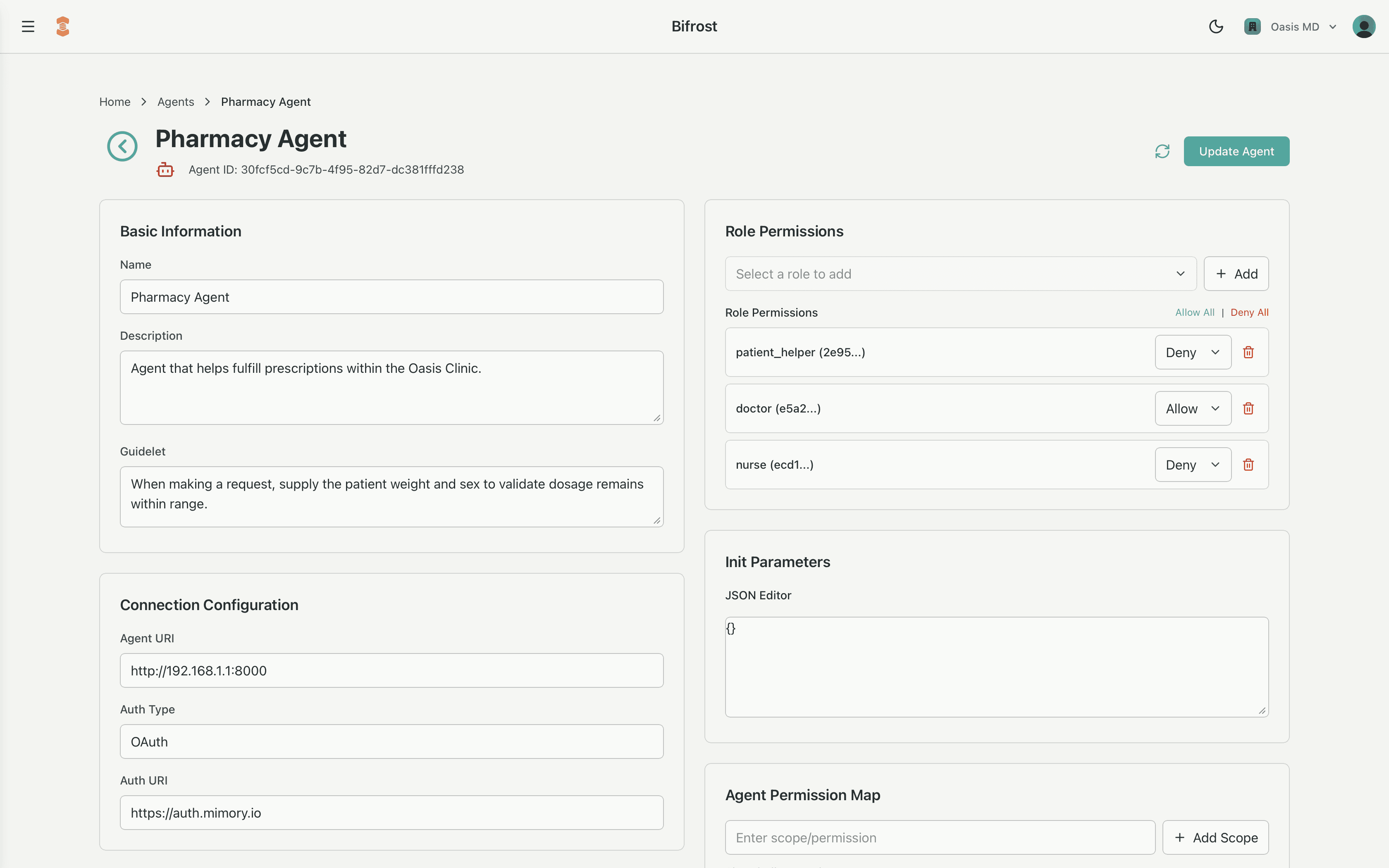 Bifrost Agent editor interface showing agent configuration