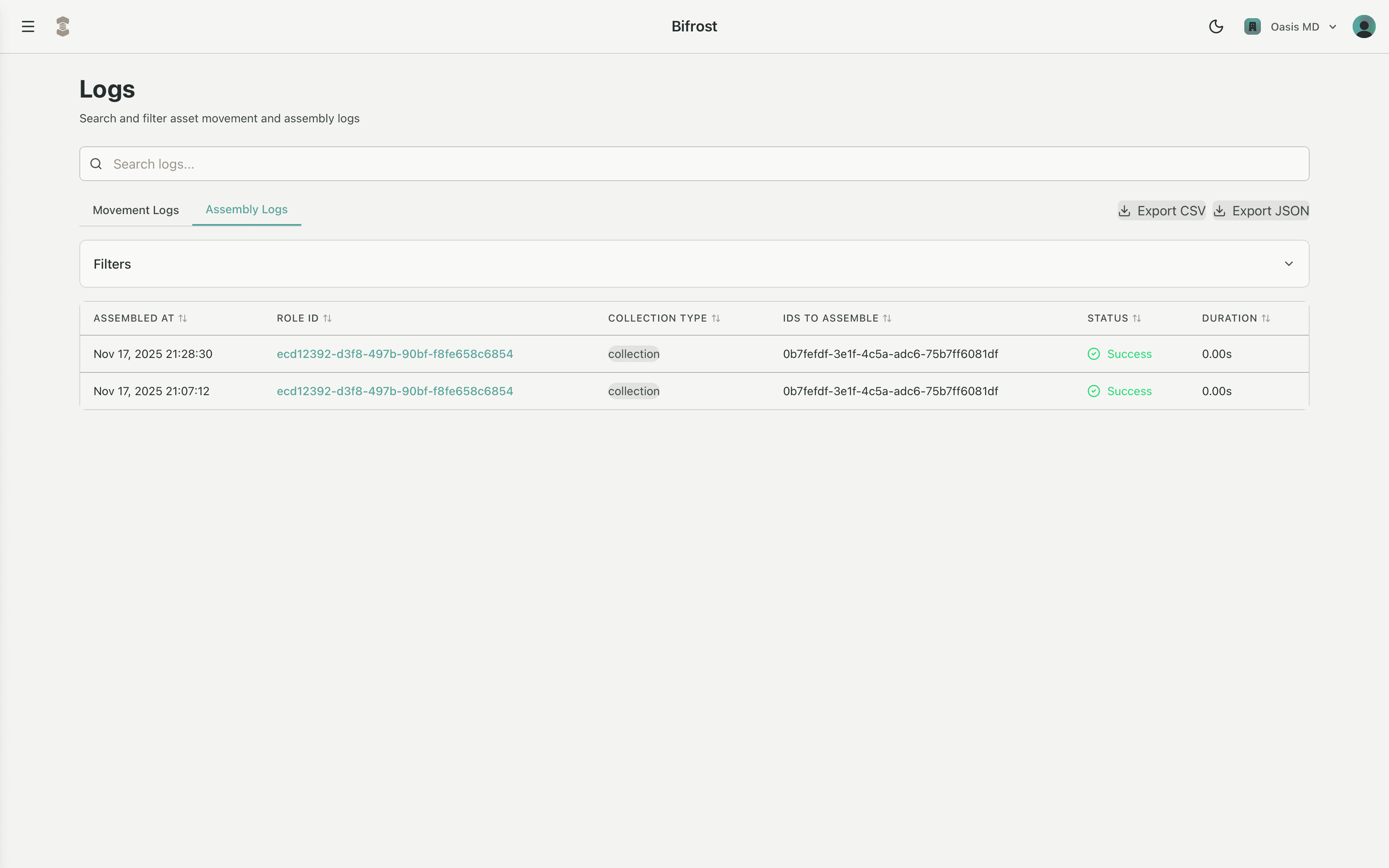 Bifrost assembly logs showing list of logs that can be examined in detail