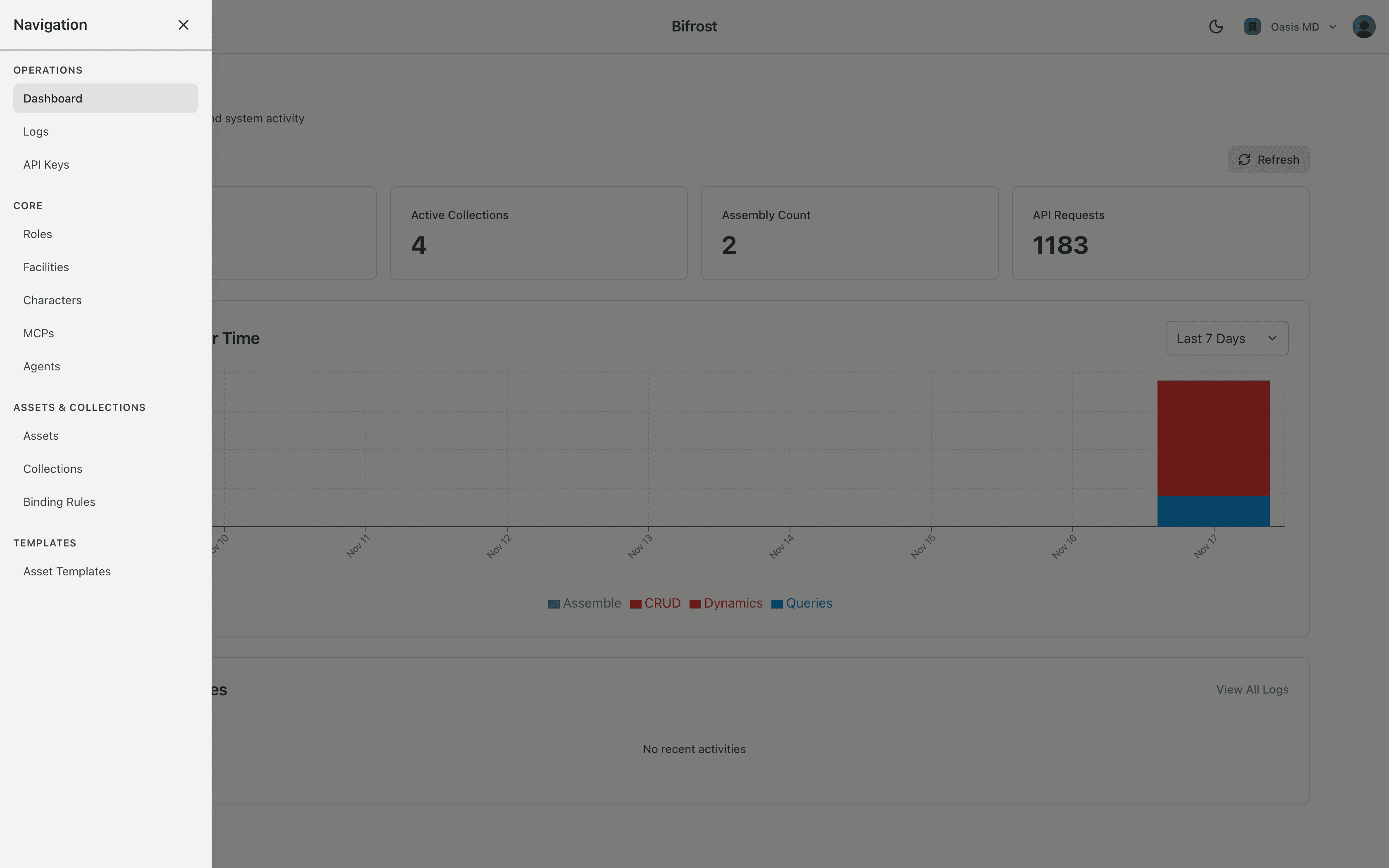 Bifrost navigation interface showing Core, Assets & Collections, Templates, and Operations sections