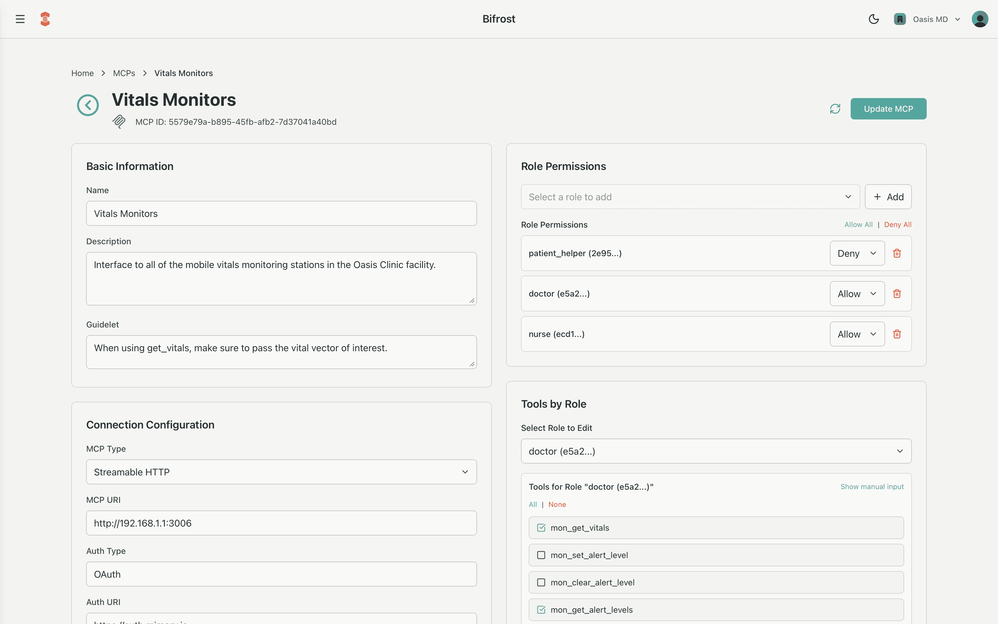 Bifrost MCP editor interface showing MCP configuration with tools, scopes, and roles