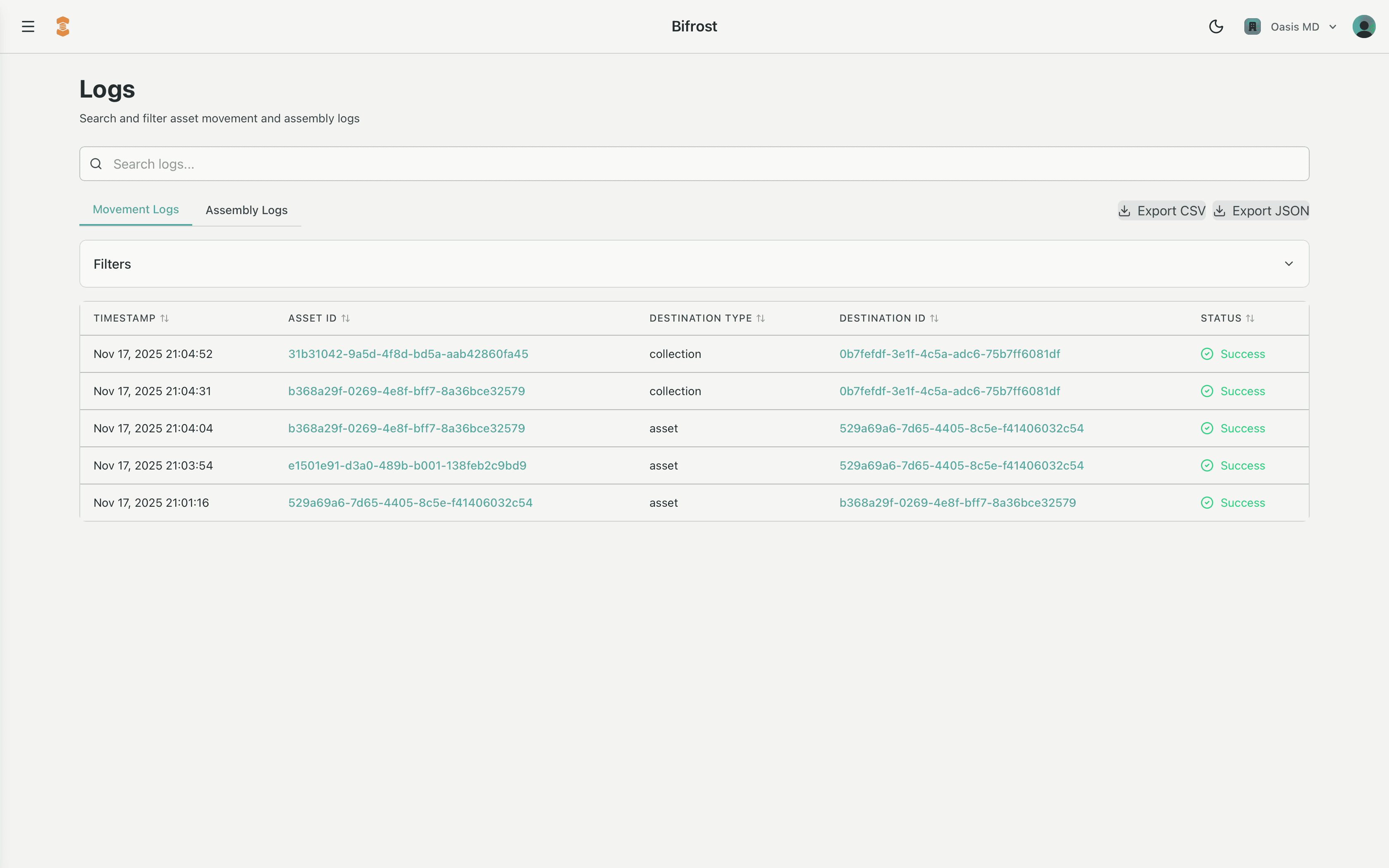 Bifrost movement logs showing asset location changes and relationship updates