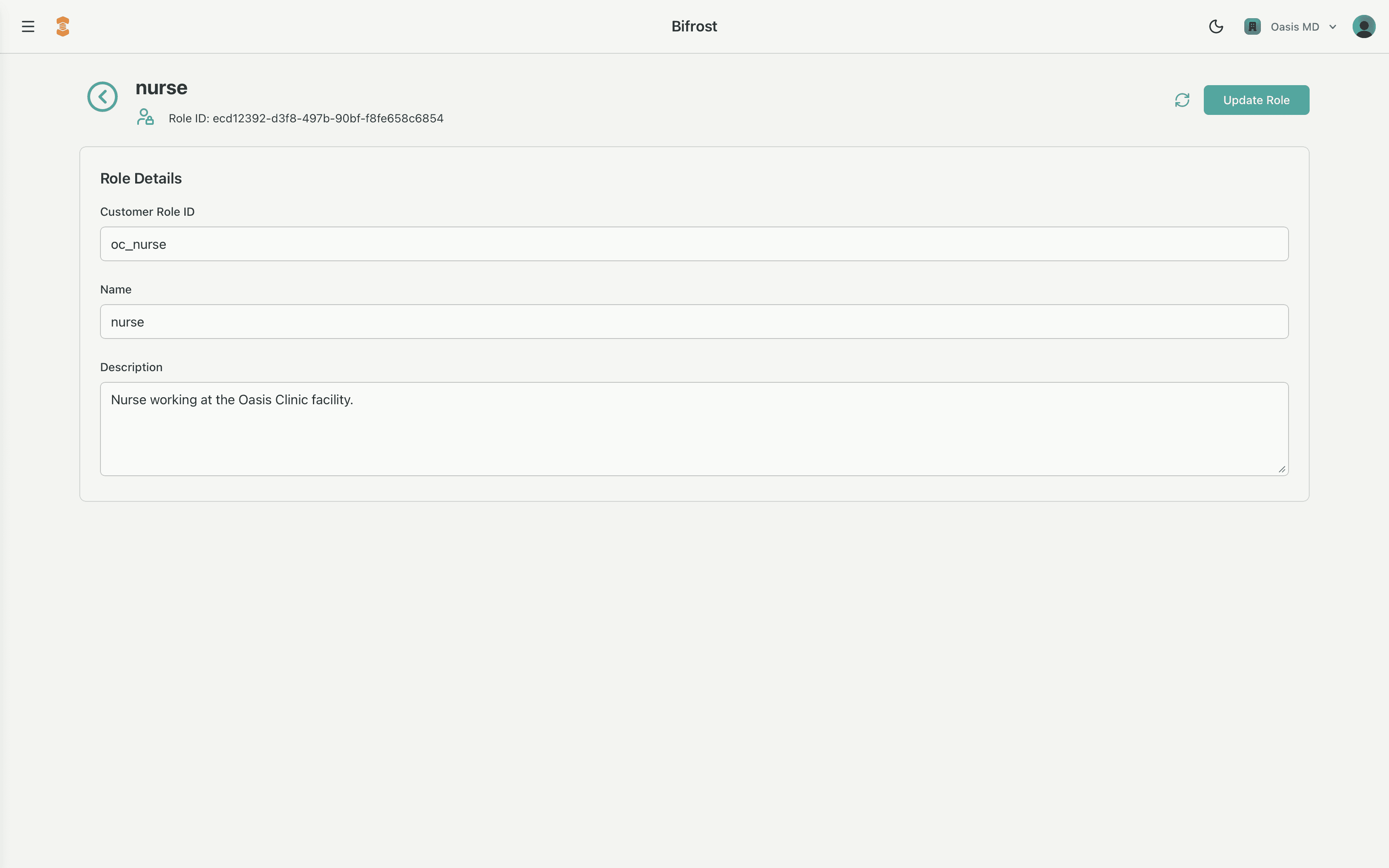 Bifrost Role editor interface showing role configuration