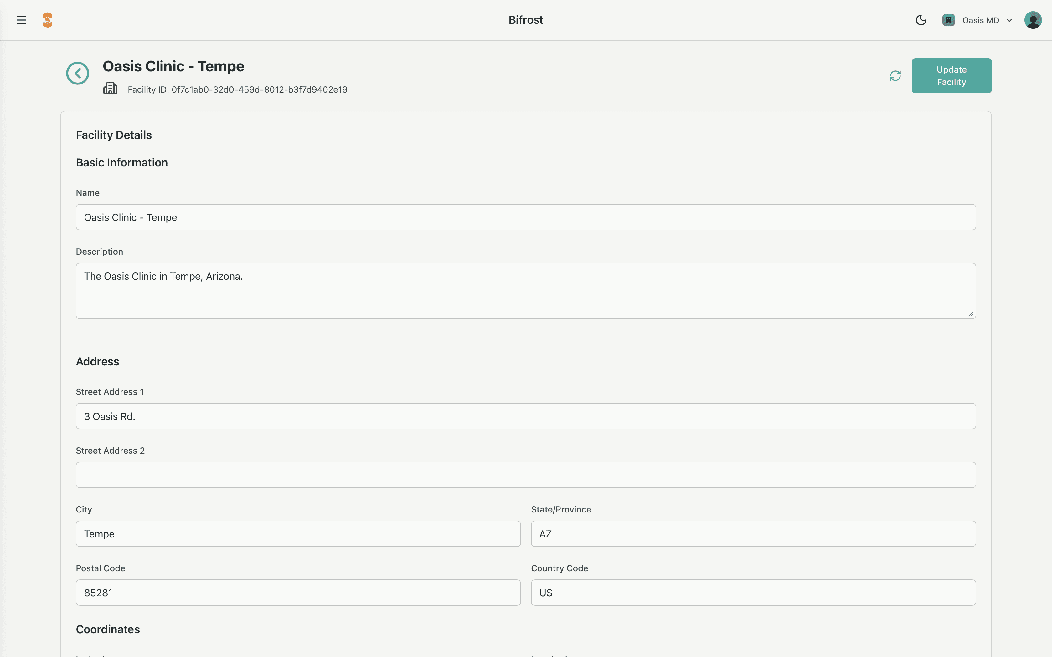 Bifrost Facility editor interface showing facility configuration